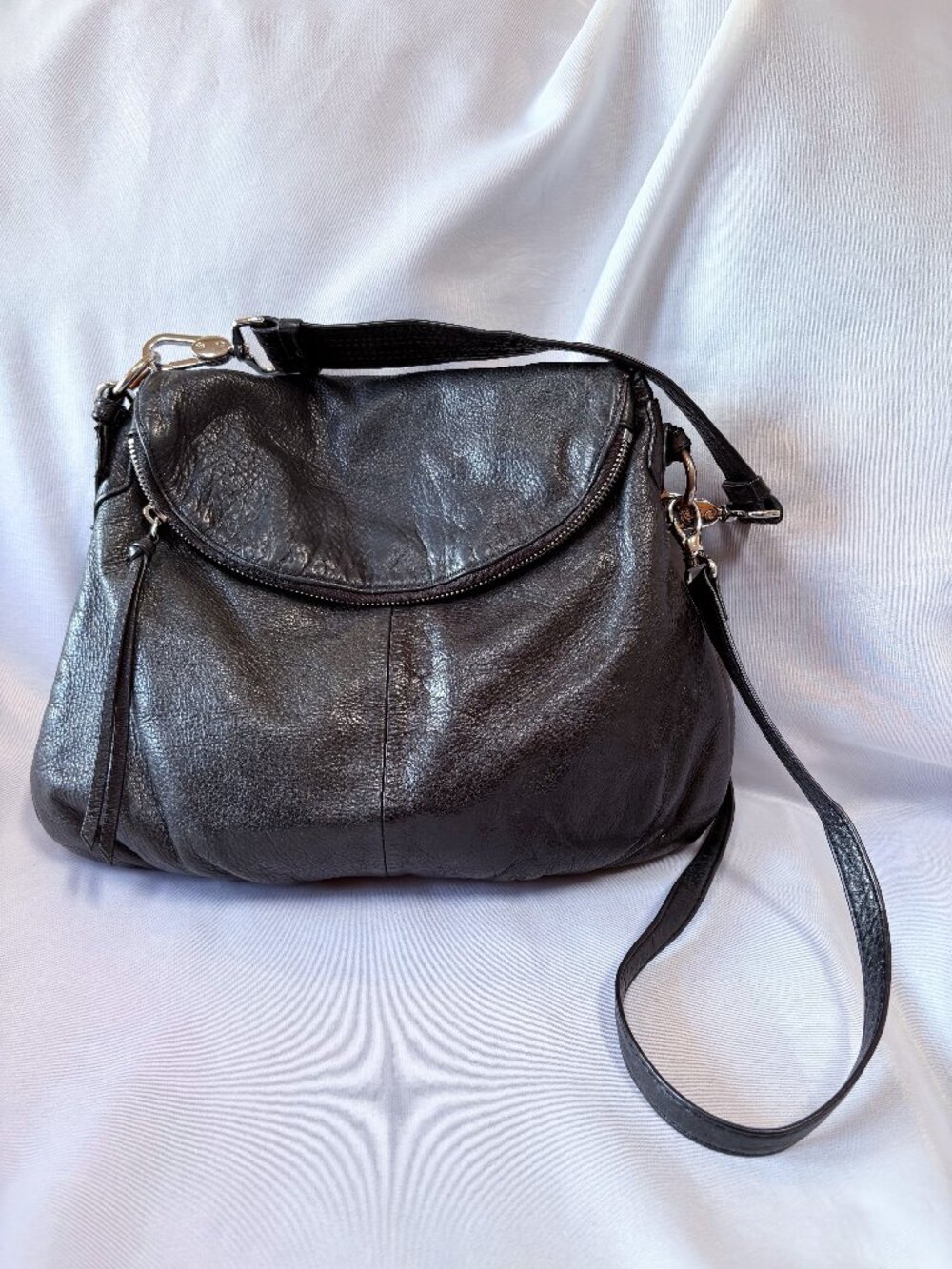 Margot New York Black Leather Fold-Over Crossbody Hobo Bag